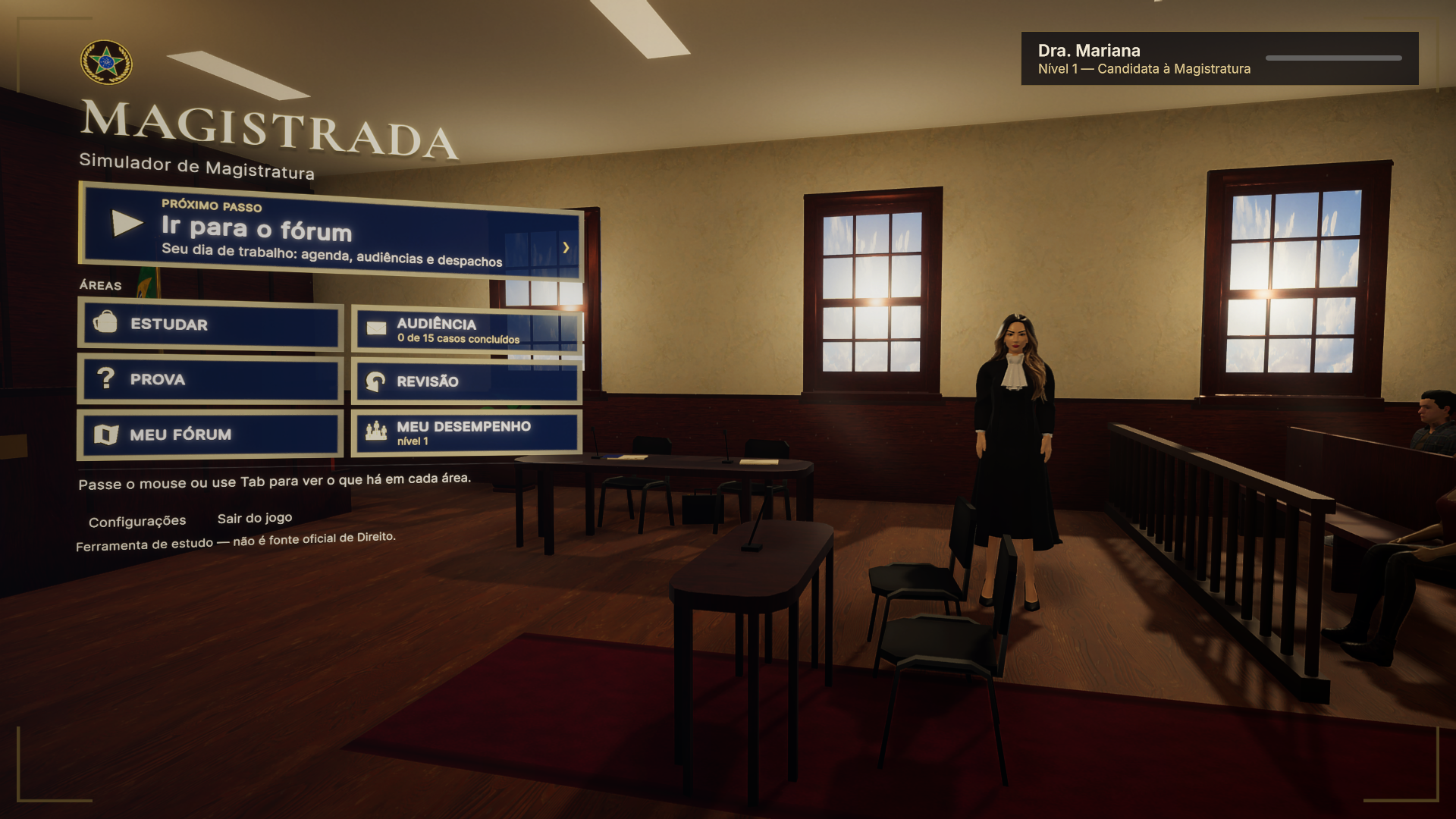 Menu principal de MAGISTRADA: a sala de audiências em 3D